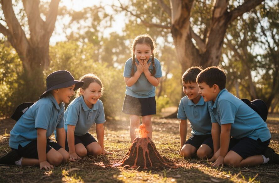A vibrant, wide-angle shot capturing Hamilton Victoria school photography genuine smiles as a group of primary school children burst into laughter during an outdoor activity, with the lush, green landscape of Hamilton in the background, bathed in golden hour light, showing genuine, unposed joy.