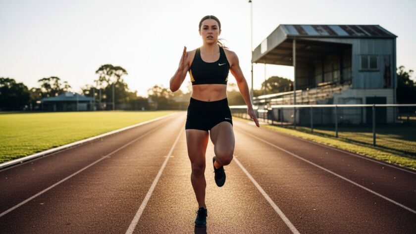 Dynamic action shot of a young athlete mid-stride during a sprint race at a junior athletics event in Hamilton, Victoria, captured with dramatic backlight, showing intense focus and determination, perfect for Hamilton Victoria sports photography for junior athletics.