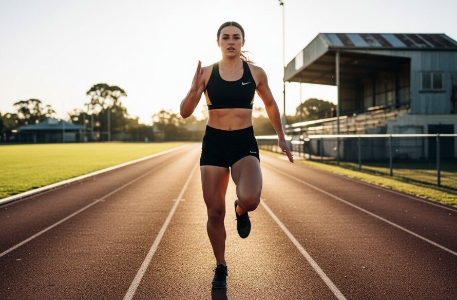 Dynamic action shot of a young athlete mid-stride during a sprint race at a junior athletics event in Hamilton, Victoria, captured with dramatic backlight, showing intense focus and determination, perfect for Hamilton Victoria sports photography for junior athletics.