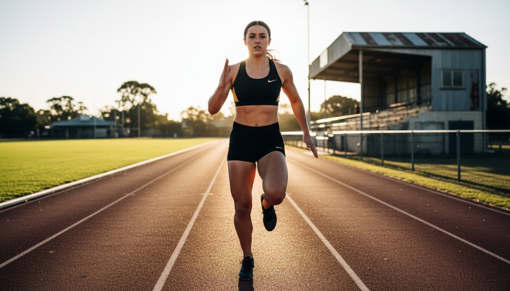 Dynamic action shot of a young athlete mid-stride during a sprint race at a junior athletics event in Hamilton, Victoria, captured with dramatic backlight, showing intense focus and determination, perfect for Hamilton Victoria sports photography for junior athletics.
