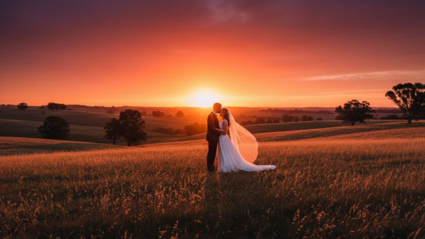 An epic moment captured by a Hamilton Victoria Wedding Photographer Capturing Rural Romance, featuring a newlywed couple silhouetted against a dramatic sunset over the rolling hills of rural Victoria, sharing a tender embrace.