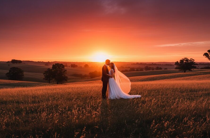 An epic moment captured by a Hamilton Victoria Wedding Photographer Capturing Rural Romance, featuring a newlywed couple silhouetted against a dramatic sunset over the rolling hills of rural Victoria, sharing a tender embrace.