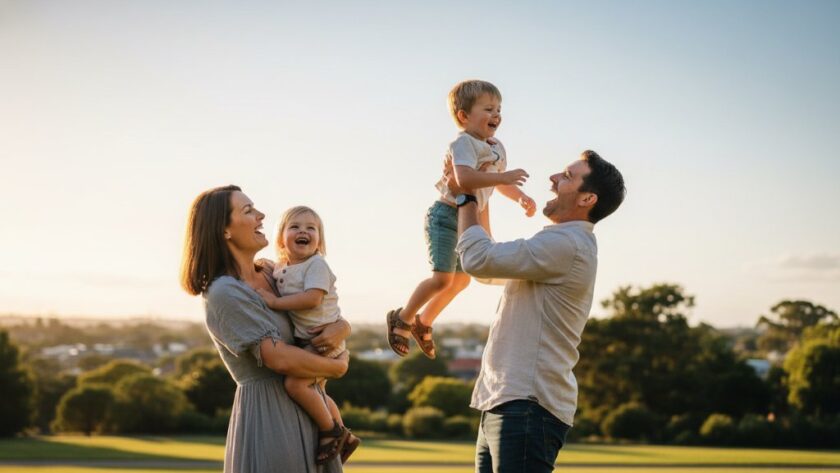 A Hamlyn Heights candid photography for authentic family memories moment captured: a family laughing joyfully, silhouetted against a golden sunset over the Geelong waterfront, with a young child being playfully swung by parents, showcasing pure, unscripted happiness and connection.