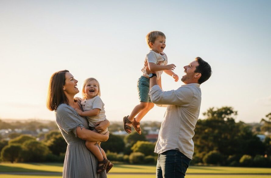 A Hamlyn Heights candid photography for authentic family memories moment captured: a family laughing joyfully, silhouetted against a golden sunset over the Geelong waterfront, with a young child being playfully swung by parents, showcasing pure, unscripted happiness and connection.