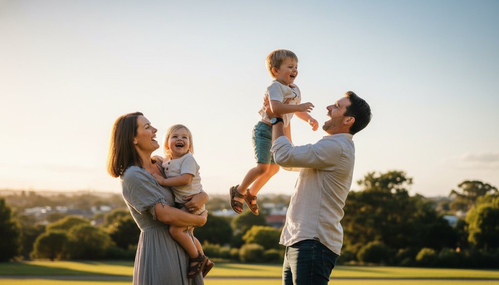 A Hamlyn Heights candid photography for authentic family memories moment captured: a family laughing joyfully, silhouetted against a golden sunset over the Geelong waterfront, with a young child being playfully swung by parents, showcasing pure, unscripted happiness and connection.