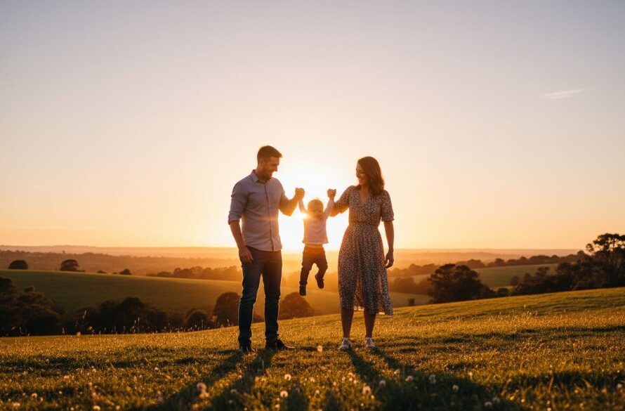 A heartwarming Hamlyn Heights family photography candid moment, showing parents laughing joyfully with their young children amidst golden hour light in a local park, capturing pure, unposed connection with professional color grading.