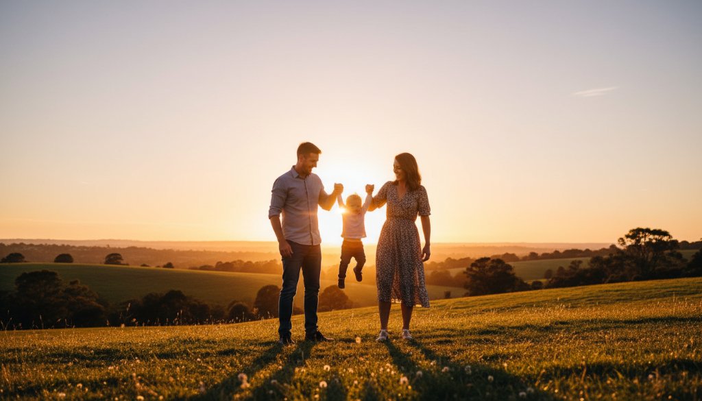 A heartwarming Hamlyn Heights family photography candid moment, showing parents laughing joyfully with their young children amidst golden hour light in a local park, capturing pure, unposed connection with professional color grading.