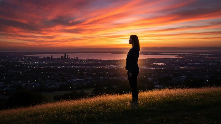 An epic, emotive fine art portrait from Hamlyn Heights, showcasing Geelong's soul. A figure stands silhouetted against a dramatic sunset over Corio Bay, exemplifying Hamlyn Heights fine art photography capturing Geelong's soul with deep artistic emotion.