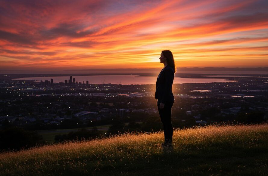 An epic, emotive fine art portrait from Hamlyn Heights, showcasing Geelong's soul. A figure stands silhouetted against a dramatic sunset over Corio Bay, exemplifying Hamlyn Heights fine art photography capturing Geelong's soul with deep artistic emotion.