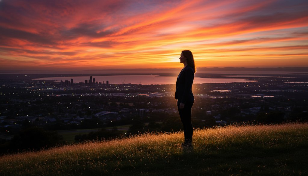 An epic, emotive fine art portrait from Hamlyn Heights, showcasing Geelong's soul. A figure stands silhouetted against a dramatic sunset over Corio Bay, exemplifying Hamlyn Heights fine art photography capturing Geelong's soul with deep artistic emotion.