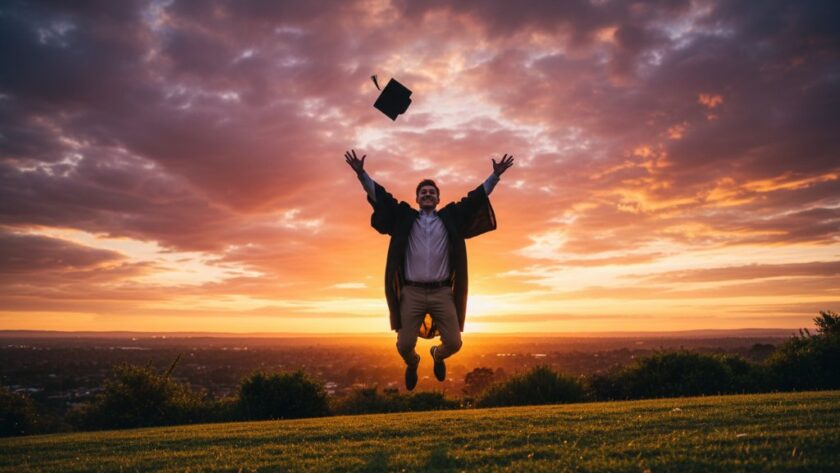 An elated graduate in Hamlyn Heights, wearing a cap and gown, joyously tossing their mortarboard into a vibrantly colourful sunset sky over the Geelong waterfront, perfectly embodying professional Hamlyn Heights Graduation Photography Geelong.