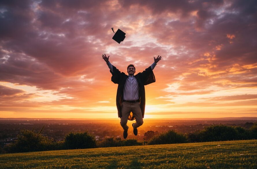 An elated graduate in Hamlyn Heights, wearing a cap and gown, joyously tossing their mortarboard into a vibrantly colourful sunset sky over the Geelong waterfront, perfectly embodying professional Hamlyn Heights Graduation Photography Geelong.
