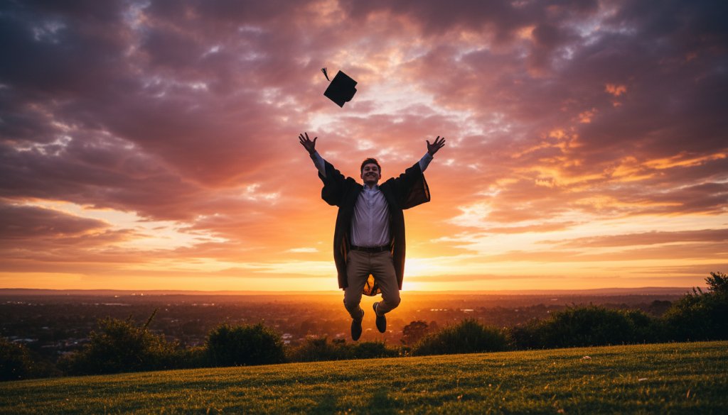 An elated graduate in Hamlyn Heights, wearing a cap and gown, joyously tossing their mortarboard into a vibrantly colourful sunset sky over the Geelong waterfront, perfectly embodying professional Hamlyn Heights Graduation Photography Geelong.