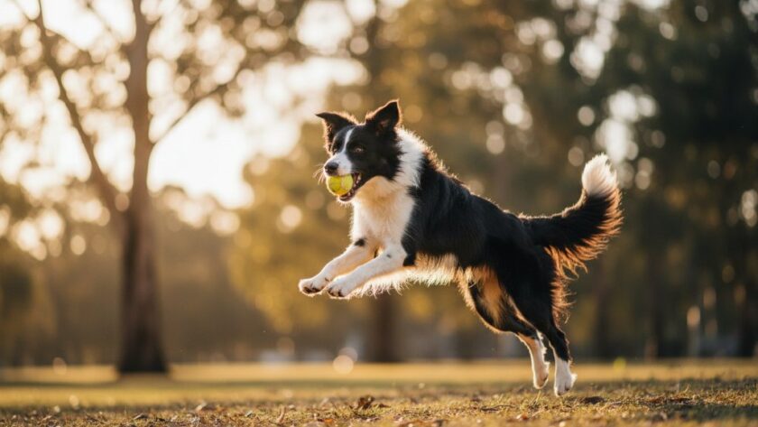 A joyful Golden Retriever mid-leap in a Hamlyn Heights park, bathed in golden hour light, perfectly encapsulating Hamlyn Heights pet photography for joyful dog portraits.