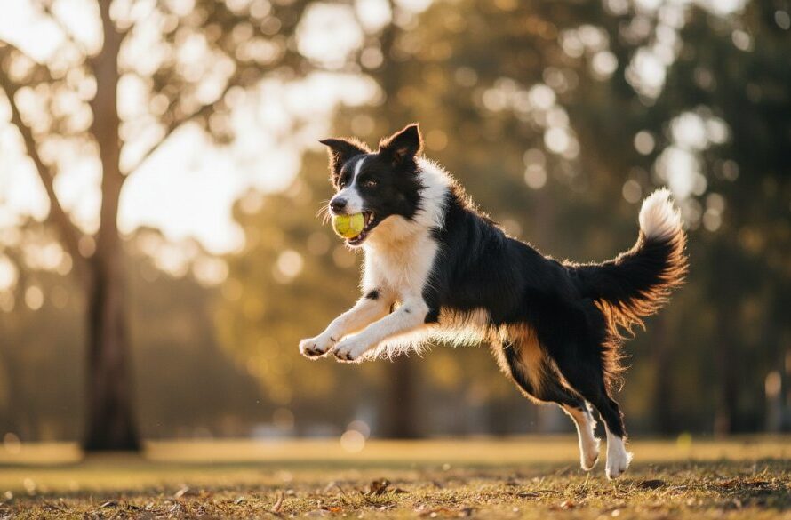 A joyful Golden Retriever mid-leap in a Hamlyn Heights park, bathed in golden hour light, perfectly encapsulating Hamlyn Heights pet photography for joyful dog portraits.