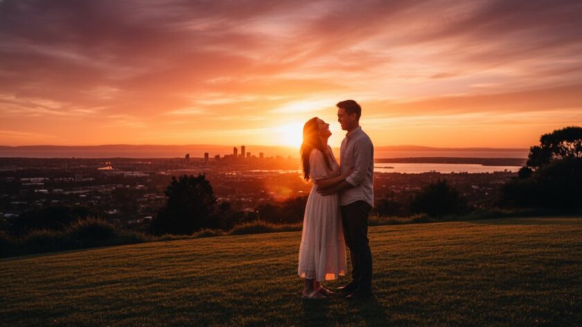 A couple embraces during an epic Hamlyn Heights pre-wedding photography Geelong stunning moment at sunset, featuring dramatic golden light over the Geelong waterfront, with the city skyline in the background, captured in a cinematic style.