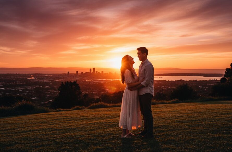 A couple embraces during an epic Hamlyn Heights pre-wedding photography Geelong stunning moment at sunset, featuring dramatic golden light over the Geelong waterfront, with the city skyline in the background, captured in a cinematic style.