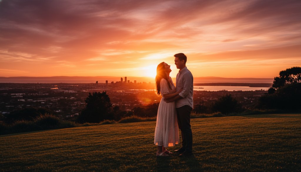 A couple embraces during an epic Hamlyn Heights pre-wedding photography Geelong stunning moment at sunset, featuring dramatic golden light over the Geelong waterfront, with the city skyline in the background, captured in a cinematic style.