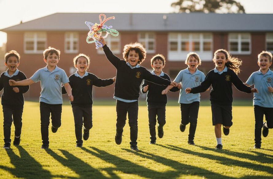 Dynamic, sun-drenched photograph capturing a group of happy primary school children from Hamlyn Heights celebrating on a sports oval, mid-air jump with genuine joy, embodying an unforgettable Hamlyn Heights school portrait photography experience, shot with cinematic flair and warm tones.
