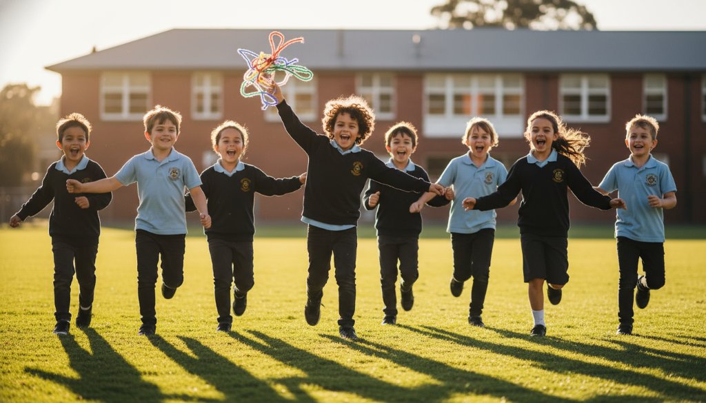 Dynamic, sun-drenched photograph capturing a group of happy primary school children from Hamlyn Heights celebrating on a sports oval, mid-air jump with genuine joy, embodying an unforgettable Hamlyn Heights school portrait photography experience, shot with cinematic flair and warm tones.
