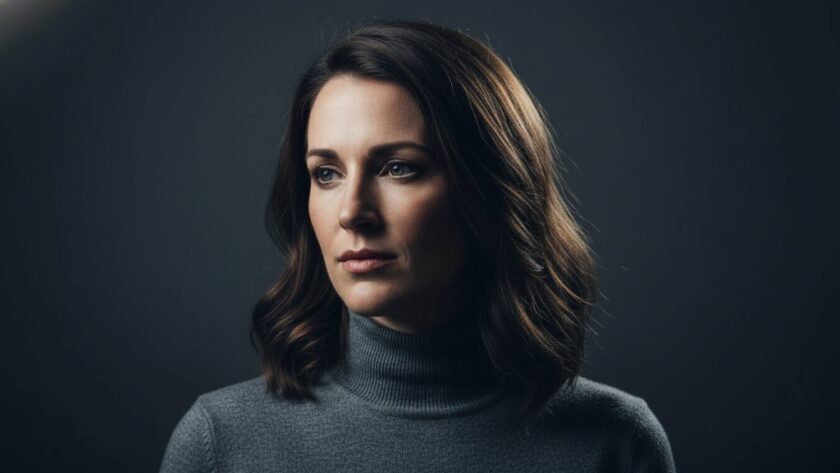 A striking, cinematic portrait captured through Hamlyn Heights studio photography, featuring a person in a dramatic pose with strong, directional lighting highlighting their intense gaze, reflecting an authentic and powerful moment.