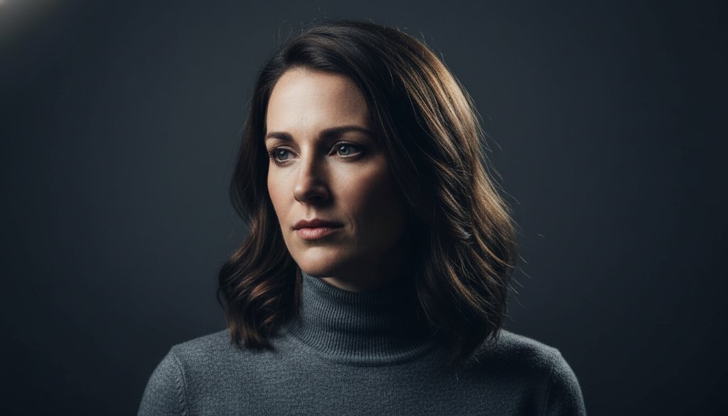 A striking, cinematic portrait captured through Hamlyn Heights studio photography, featuring a person in a dramatic pose with strong, directional lighting highlighting their intense gaze, reflecting an authentic and powerful moment.