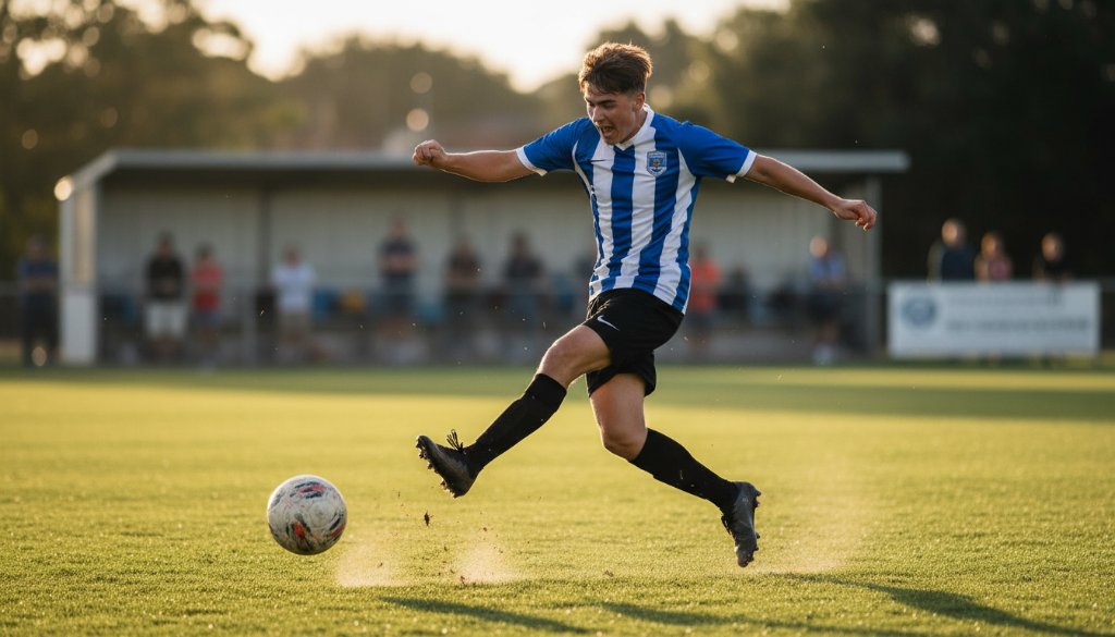 Dynamic wide-angle shot of a young athlete scoring a goal during a Hamlyn Heights youth sports action photography session, with dramatic lighting highlighting their determined expression and the blurred background of the Hamlyn Heights sports oval.