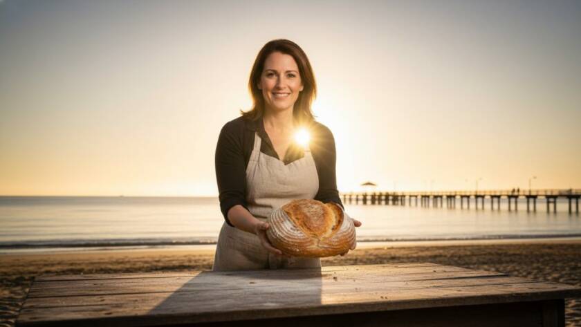 Dynamic wide-angle shot of a local artisan baker on Hampton Beach, showcasing their freshly baked sourdough loaf with dramatic rim lighting at sunrise, exemplifying Hampton Beach advertising photography excellence.