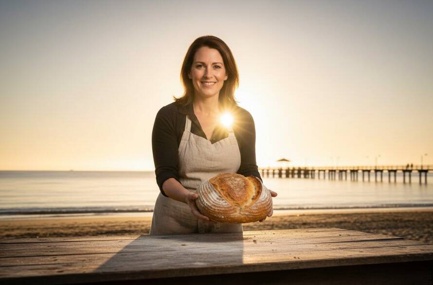 Dynamic wide-angle shot of a local artisan baker on Hampton Beach, showcasing their freshly baked sourdough loaf with dramatic rim lighting at sunrise, exemplifying Hampton Beach advertising photography excellence.