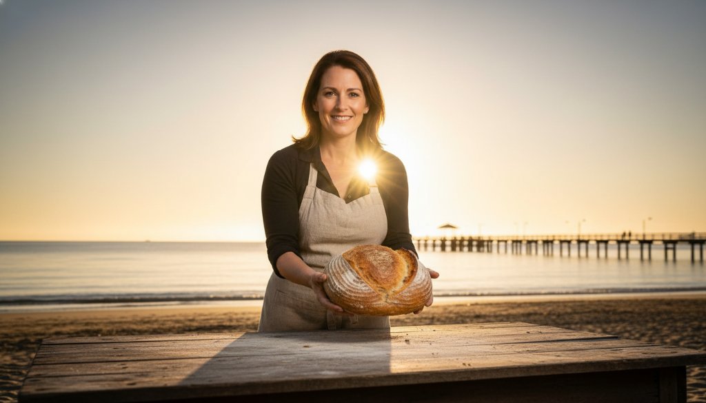 Dynamic wide-angle shot of a local artisan baker on Hampton Beach, showcasing their freshly baked sourdough loaf with dramatic rim lighting at sunrise, exemplifying Hampton Beach advertising photography excellence.