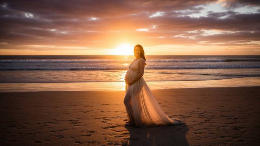 A glowing pregnant woman in a flowing white gown stands silhouetted against a dramatic golden hour sunset on Hampton Beach, capturing an epic Hampton beach maternity photography golden hour portraits moment of serene beauty and anticipation.