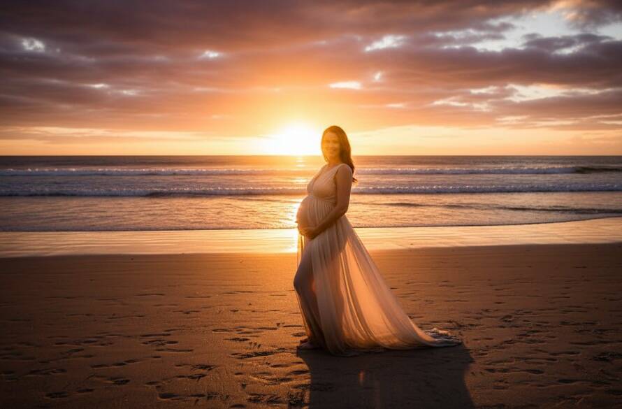 A glowing pregnant woman in a flowing white gown stands silhouetted against a dramatic golden hour sunset on Hampton Beach, capturing an epic Hampton beach maternity photography golden hour portraits moment of serene beauty and anticipation.
