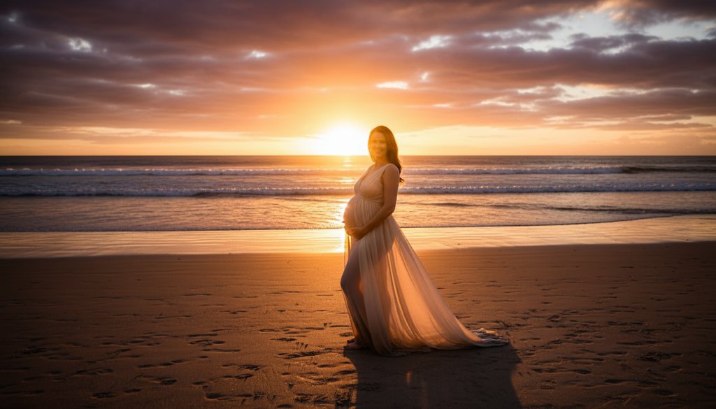 A glowing pregnant woman in a flowing white gown stands silhouetted against a dramatic golden hour sunset on Hampton Beach, capturing an epic Hampton beach maternity photography golden hour portraits moment of serene beauty and anticipation.