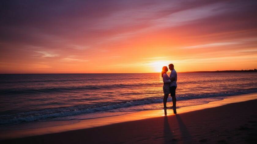 An epic moment captured during Hampton Beach vibrant engagement photography, featuring a couple embracing warmly at sunset with golden light reflecting off the tranquil bay, showcasing professional cinematic quality.