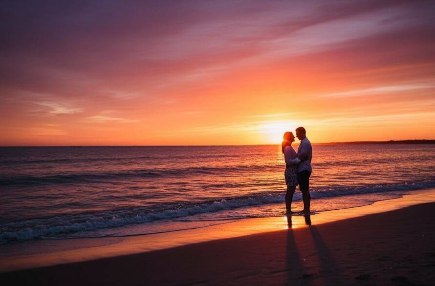 An epic moment captured during Hampton Beach vibrant engagement photography, featuring a couple embracing warmly at sunset with golden light reflecting off the tranquil bay, showcasing professional cinematic quality.