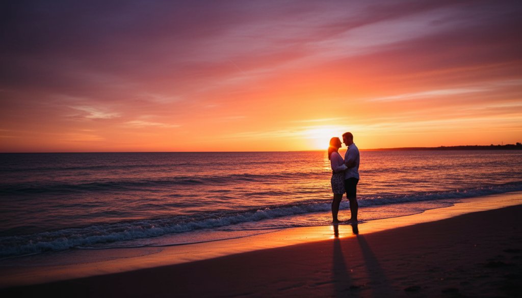 An epic moment captured during Hampton Beach vibrant engagement photography, featuring a couple embracing warmly at sunset with golden light reflecting off the tranquil bay, showcasing professional cinematic quality.