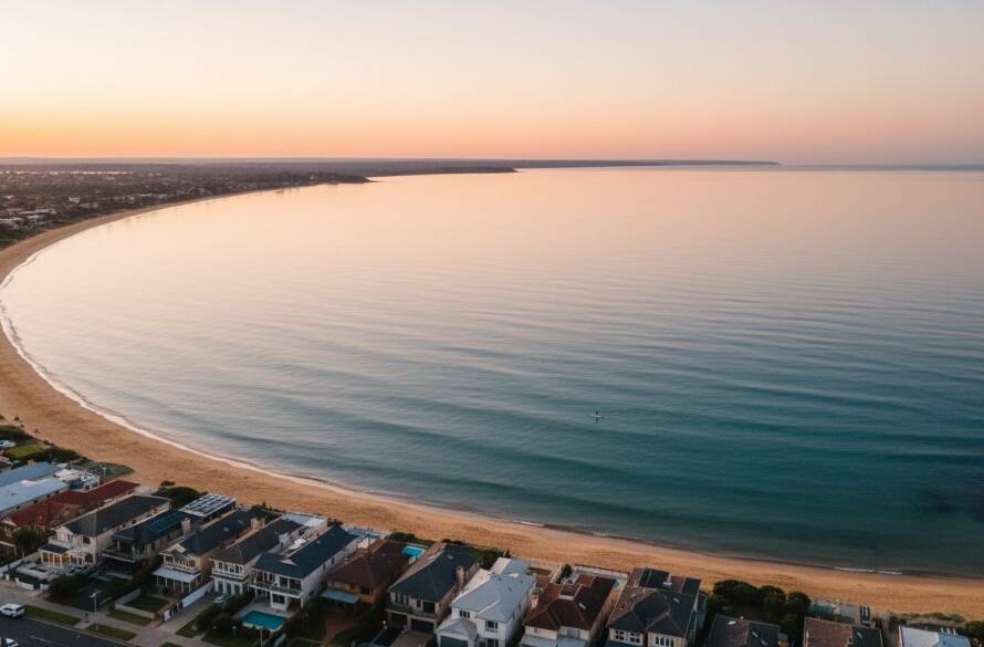A breathtaking drone shot showcasing Hampton Drone Photography Victoria Coastal Views at sunset, with golden light illuminating the sandy beach, turquoise waters, and elegant beachfront properties, capturing a serene and expansive aerial perspective of the coastline.