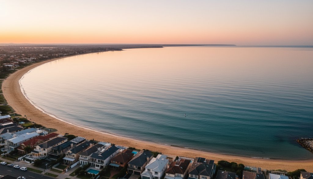 A breathtaking drone shot showcasing Hampton Drone Photography Victoria Coastal Views at sunset, with golden light illuminating the sandy beach, turquoise waters, and elegant beachfront properties, capturing a serene and expansive aerial perspective of the coastline.