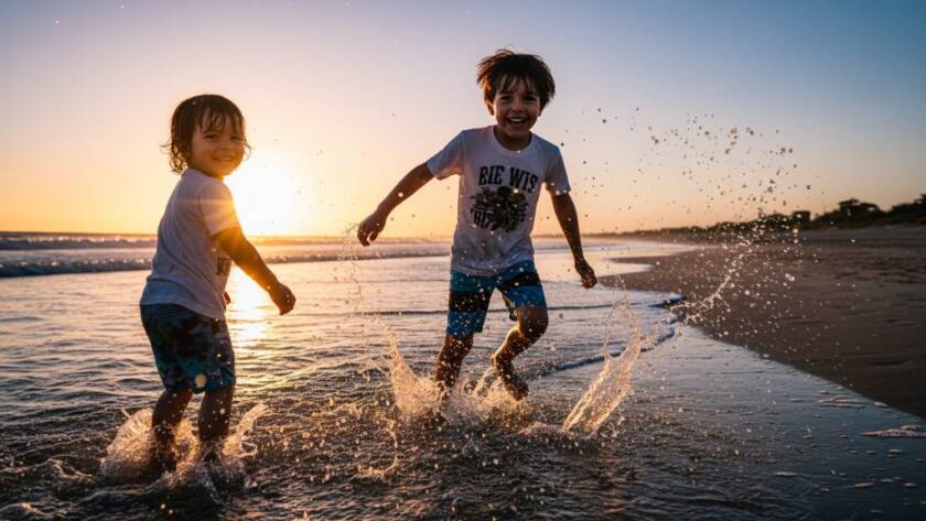 An epic moment of pure joy featuring Hampton East Beach candid kids photography, as two children burst into laughter while running through gentle waves at sunset, their silhouettes highlighted against the golden light, capturing a truly natural and unforgettable memory.