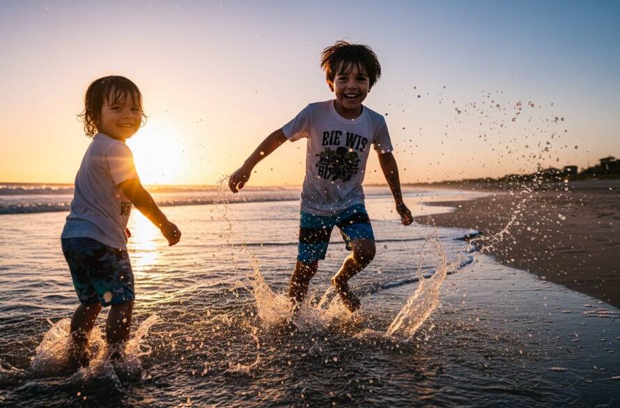 An epic moment of pure joy featuring Hampton East Beach candid kids photography, as two children burst into laughter while running through gentle waves at sunset, their silhouettes highlighted against the golden light, capturing a truly natural and unforgettable memory.