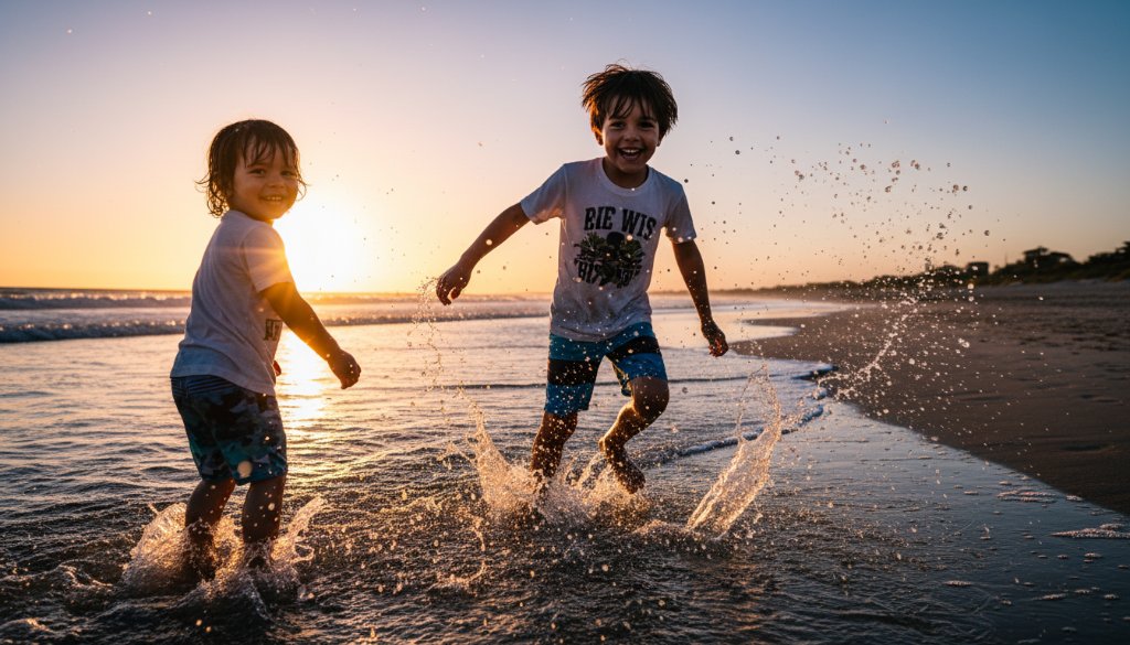 An epic moment of pure joy featuring Hampton East Beach candid kids photography, as two children burst into laughter while running through gentle waves at sunset, their silhouettes highlighted against the golden light, capturing a truly natural and unforgettable memory.
