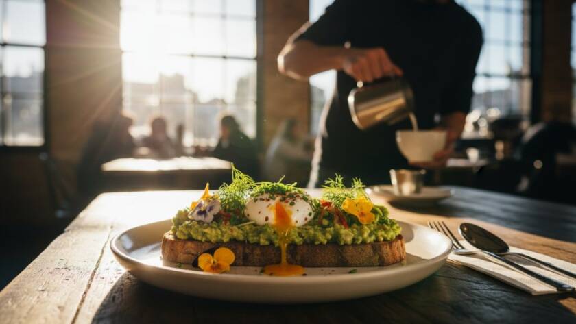 Dynamic wide-angle shot capturing vibrant Hampton East cafe food photography, showcasing a beautifully plated brunch dish with dramatic lighting on a rustic timber table inside a bustling, sunlit Hampton East cafe, with a barista crafting a latte in the soft-focused background, emphasizing fresh, local ingredients and a lively atmosphere.