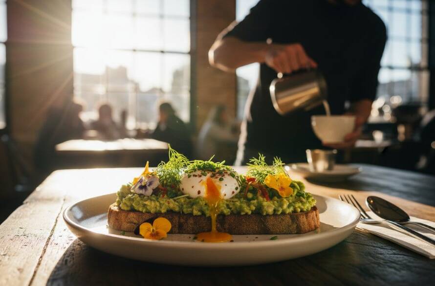 Dynamic wide-angle shot capturing vibrant Hampton East cafe food photography, showcasing a beautifully plated brunch dish with dramatic lighting on a rustic timber table inside a bustling, sunlit Hampton East cafe, with a barista crafting a latte in the soft-focused background, emphasizing fresh, local ingredients and a lively atmosphere.