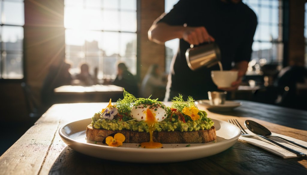 Dynamic wide-angle shot capturing vibrant Hampton East cafe food photography, showcasing a beautifully plated brunch dish with dramatic lighting on a rustic timber table inside a bustling, sunlit Hampton East cafe, with a barista crafting a latte in the soft-focused background, emphasizing fresh, local ingredients and a lively atmosphere.