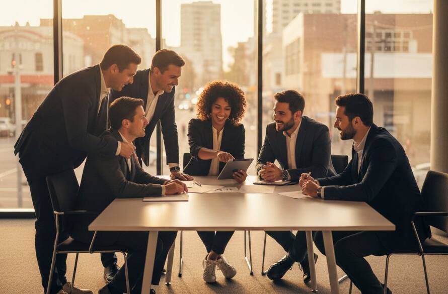 A dynamic and confident business leader from Hampton East smiling warmly during a professional corporate photography session, embodying the excellence of Hampton East corporate photography services, with the vibrant backdrop of Hampton East's local street life subtly blurred behind them, capturing an epic moment of connection and professionalism in dramatic, sun-drenched lighting and professional colour grading.