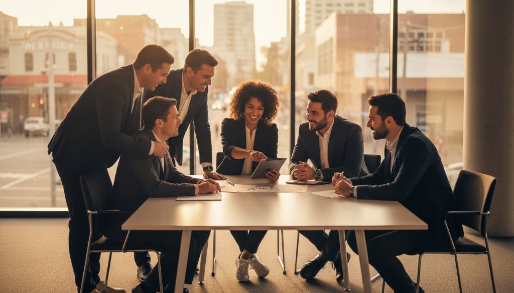 A dynamic and confident business leader from Hampton East smiling warmly during a professional corporate photography session, embodying the excellence of Hampton East corporate photography services, with the vibrant backdrop of Hampton East's local street life subtly blurred behind them, capturing an epic moment of connection and professionalism in dramatic, sun-drenched lighting and professional colour grading.