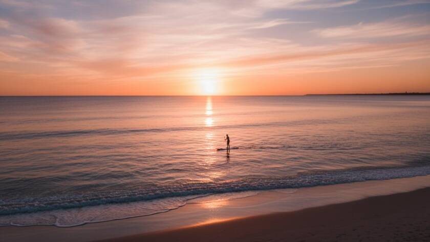 An epic moment of a vibrant sunset over Hampton East, Victoria, captured by drone, showcasing breathtaking coastal views with waves crashing on the sandy shore and distant boats, exemplifying Hampton East drone photography breathtaking coastal views.