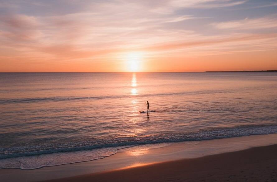 An epic moment of a vibrant sunset over Hampton East, Victoria, captured by drone, showcasing breathtaking coastal views with waves crashing on the sandy shore and distant boats, exemplifying Hampton East drone photography breathtaking coastal views.