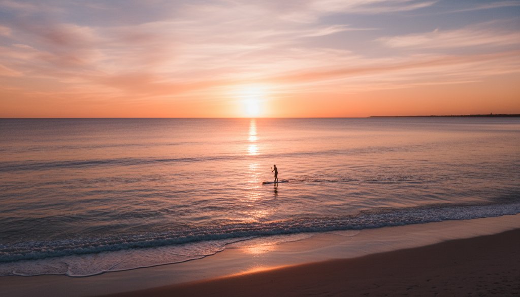 An epic moment of a vibrant sunset over Hampton East, Victoria, captured by drone, showcasing breathtaking coastal views with waves crashing on the sandy shore and distant boats, exemplifying Hampton East drone photography breathtaking coastal views.