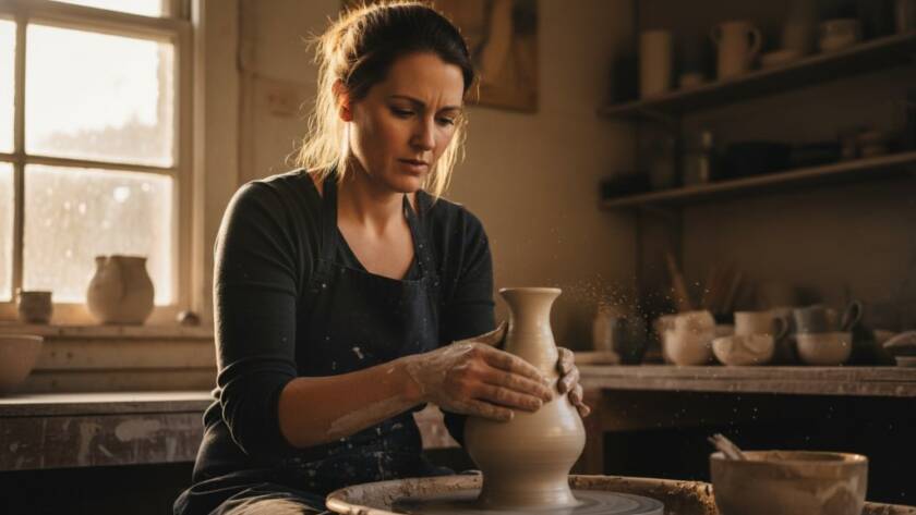 A professional editorial photograph capturing an 'epic moment' of a passionate artisan crafting bespoke furniture in their sunlit Hampton East workshop, showcasing local businesses with dramatic side lighting and rich colours, perfectly representing Hampton East editorial photography showcasing local businesses.
